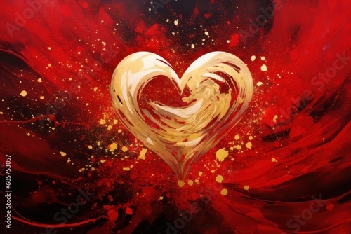 A bright abstract background with a sparkling heart, made in the style of liquid ink, in red and gold colors. Festive background for Valentine's Day, Birthday, wedding.