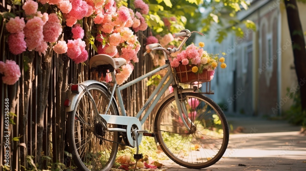 A bicycle parked against a fence, surrounded by blooming flowers, capturing the simplicity and charm of a sunny day.
