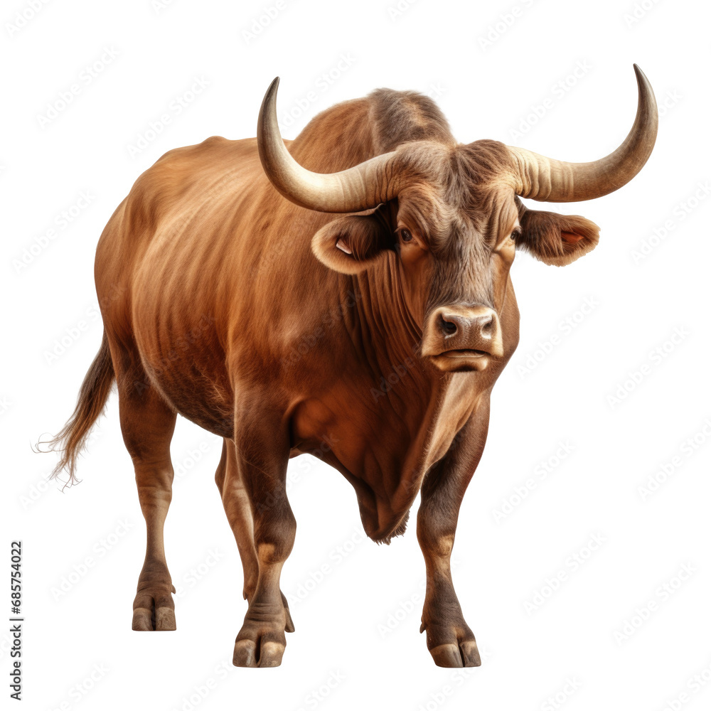 Majestic bull with curved sharp horns isolated on a transparent background