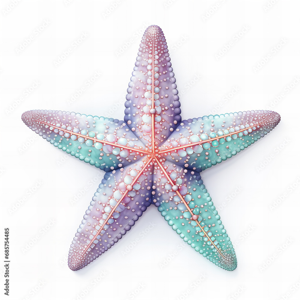 mermaid themed star fish in pastel mint purple, coral and pink colors on a white isolated background mermaid themed star fish in pastel mint purple, coral and pink colors on a white isolated background