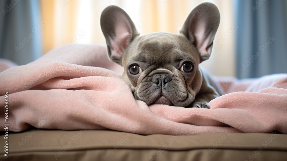A contented French Bulldog lounging on a soft blanket, showcasing a relaxed and happy demeanor.