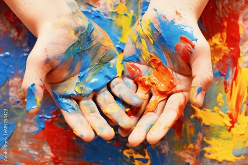 Colorful Kids hands painting. Artist coloring. Generate Ai