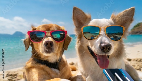 two dogs are taking selfies on a beach wearing sunglasses sunny day with blue water © Ashley