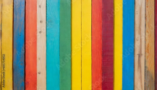 colorful wooden background with vertical wooden slat of different bright colors and copy space
