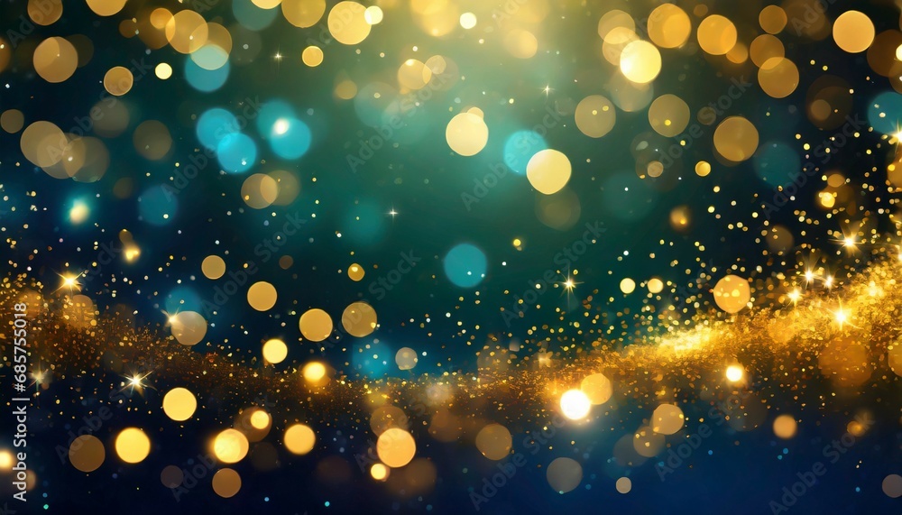 christmas golden light shine particles bokeh on navy green background background abstract background with dark blue and gold particle
