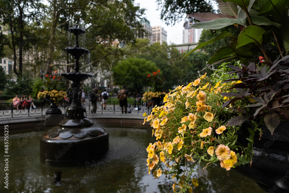 Beautiful Blooming Yellow Flowers along the Fountain at Madison Square Park in New York City during the Summer