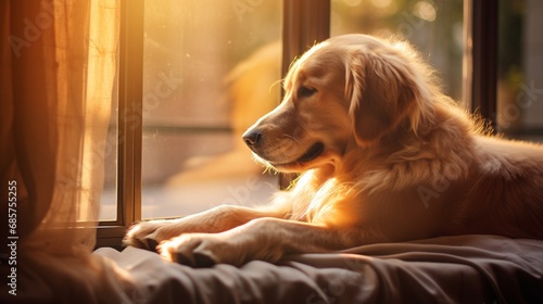 A contented golden retriever lying on a cozy dog bed, bathed in warm sunlight streaming through a window.