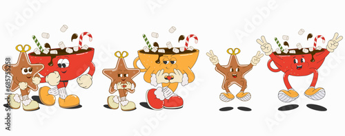 set of Christmas and New Year joyful,groovy comic characters in different poses:mug of cocoa and ginger cookies,isolated on a white background.Trendy vector illustration in cartoon retro style 50s-60s