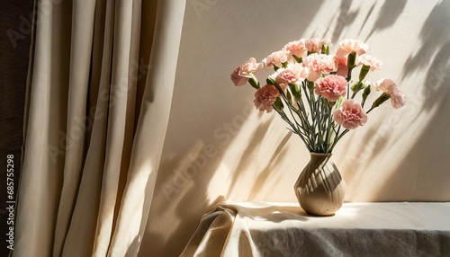 carnation flowers bouquet in vase on neutral beige empty wall and linen curtain with aesthetic floral sunlight shadow background spring or summer home interior decor