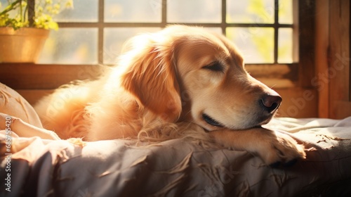 A contented golden retriever lying on a cozy dog bed, bathed in warm sunlight streaming through a window.