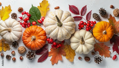 festive autumn pumpkins decor with fall leaves berries nuts on white background thanksgiving day or halloween holiday harvest concept top view flat lay composition with copy space for greeting