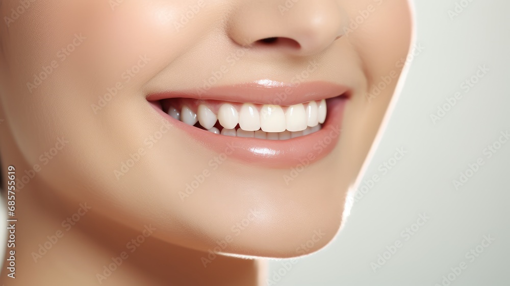 Fototapeta premium Beautiful woman's smile with healthy white, straight teeth close-up on light background with space for text