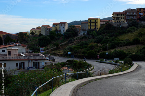 Scenic landscape view of Tusa in Sicily. Winding asphalt road in Tusa. It is a comune (municipality) in the Province of Messina in the Italian region of Sicily. Travel and tourism concept