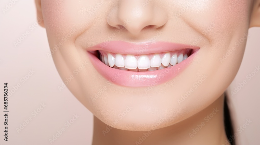 Fototapeta premium Beautiful woman's smile with healthy white, straight teeth close-up on light background with space for text