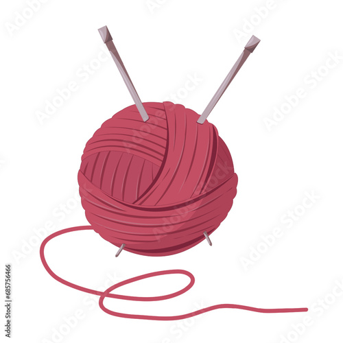 Knitting yarn red ball with needles. Cozy crafting hobby. Knitting.Flat cartoon illustration