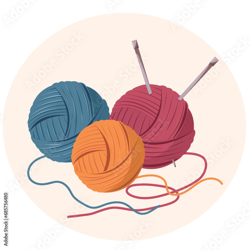 Knitting yarn color balls with needles. Cozy crafting hobby. Knitting.Flat cartoon illustration