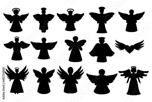Set of silhouettes of Christmas angels isolated on a white background. Vector illustration