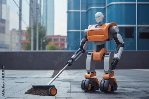 Robotic outdoor street cleaner efficiently tidying and washing outdoors, illustrating the concept of artificial intelligence. Robotics cleaning tasks cause potential job displacement.