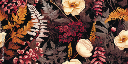 Seamless floral pattern, vintage natural print with large flowers, leaves, fern. Elegant botanical design: hand drawn wildflowers, leaves, branches, herbs on background. Vector illustration