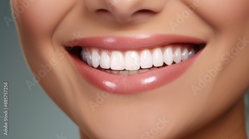 Beautiful woman's smile with healthy white, straight teeth close-up on one tone background with space for text