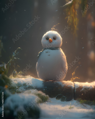 Cute little snowman penguin stands alone in the forest, in the rays of light the image is perfect for a holiday card.