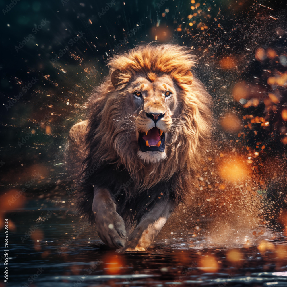 A fierce lion running across the river