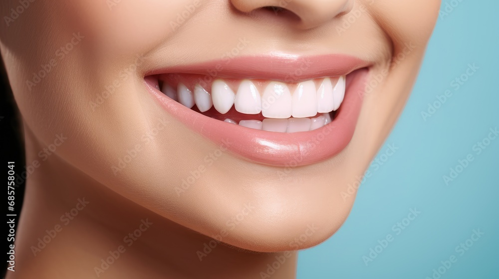 Beautiful woman's smile with healthy white, straight teeth close-up on light-blue background with space for text Beautiful woman's smile with healthy white, straight teeth close-up on light-blue background with space for text