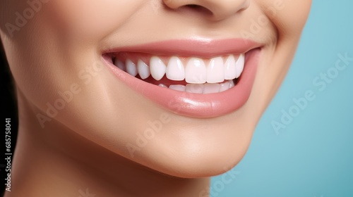 Beautiful woman s smile with healthy white  straight teeth close-up on light-blue background with space for text