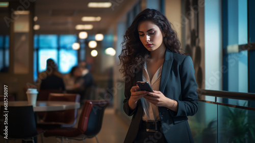 woman looking at mobile phone in office