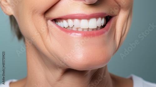 Beautiful elder woman's smile with healthy white, straight teeth close-up on light background with space for text