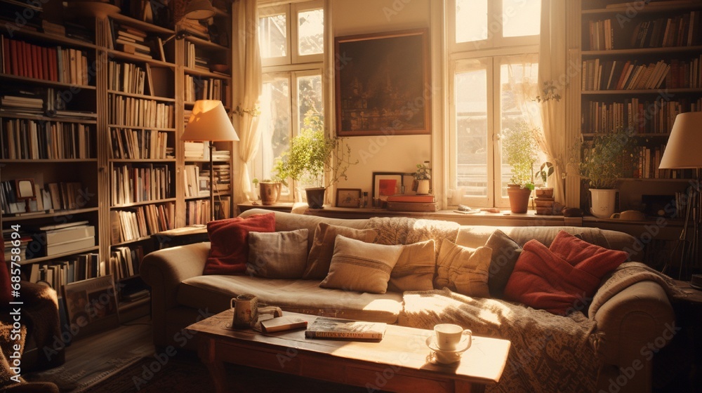 A cozy living room bathed in warm sunlight, with plush cushions and a bookshelf filled with well-loved novels.