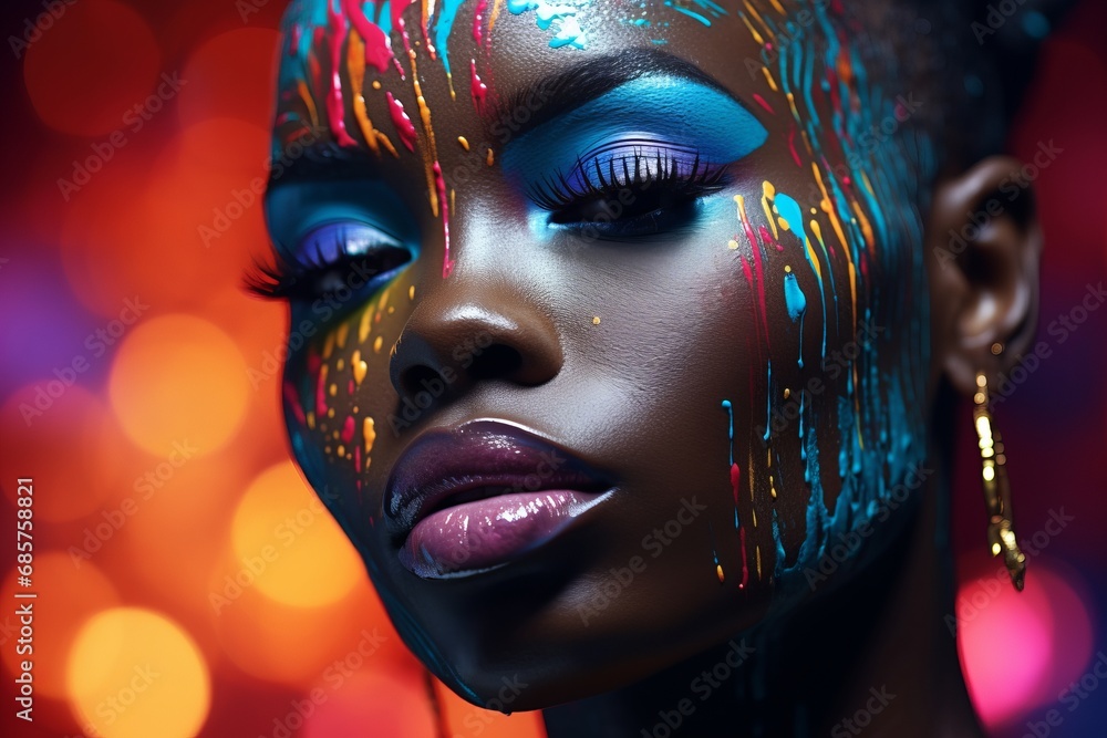 Multicoloured Bioluminescent Paint and Makeup Adorns a Beautiful Black Woman's Face. Colourful Paint and Makeup Transforms an African American Woman's Face into Stunning Work of Art.