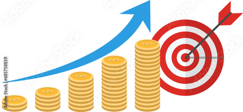 financial goal, wealth management and investment plan to achieve target, income or salary growth concept, cheerful businessman step climbing money coin stack to achieve target flag on top target.