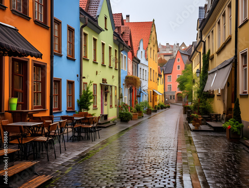 Historic cobblestone street lined with colorful, old-world buildings and cafes.