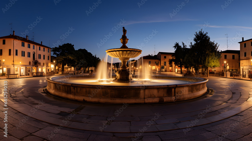 Historic town square with a central fountain and surrounding period architecture at twilight.
