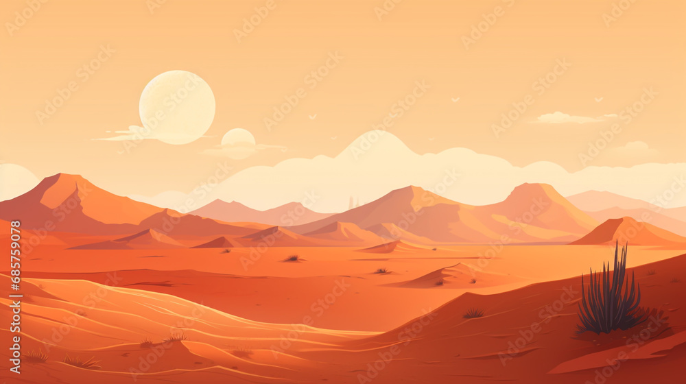 Naklejka premium 2D flat vector of sahara desert during afternoon. The scorching sunlight makes the desert atmosphere very hot. 