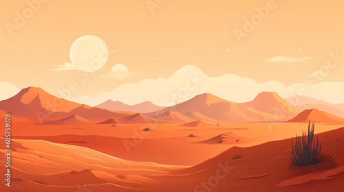 2D flat vector of sahara desert during afternoon. The scorching sunlight makes the desert atmosphere very hot. 