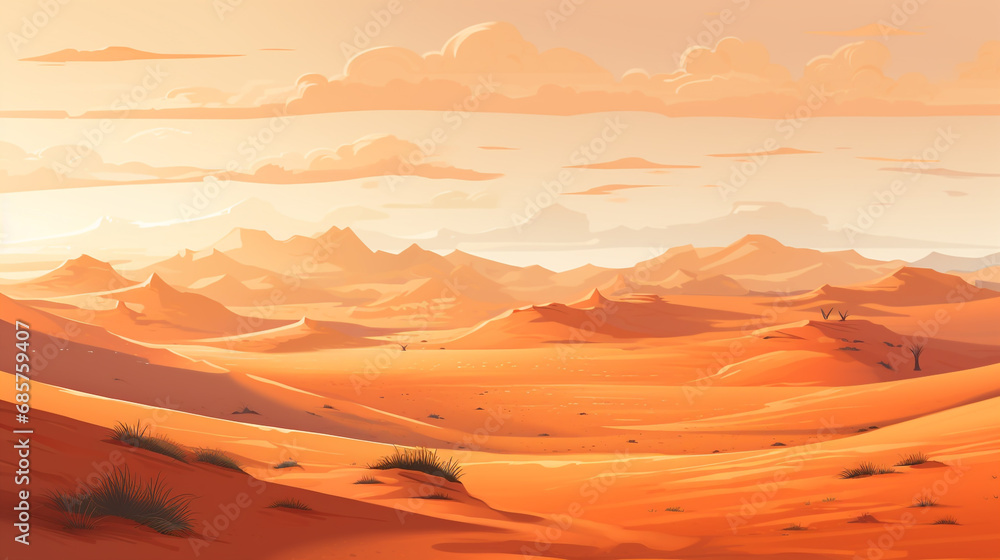 Naklejka premium 2D flat vector of sahara desert during afternoon. The scorching sunlight makes the desert atmosphere very hot. 