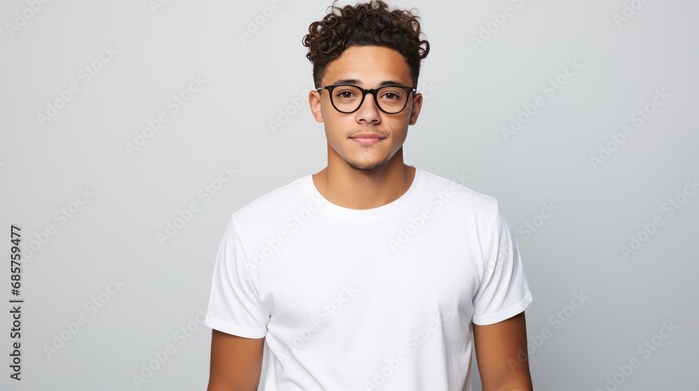Attractive young Mexican man wearing a white t-shirt and glasses. Isolated on white background. - obrazy, fototapety, plakaty 