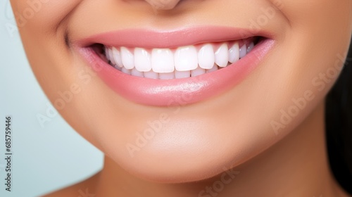 Beautiful woman's smile with healthy white, straight teeth close-up on light background with space for text