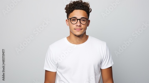 Attractive young Mexican man wearing a white t-shirt and glasses. Isolated on white background. photo