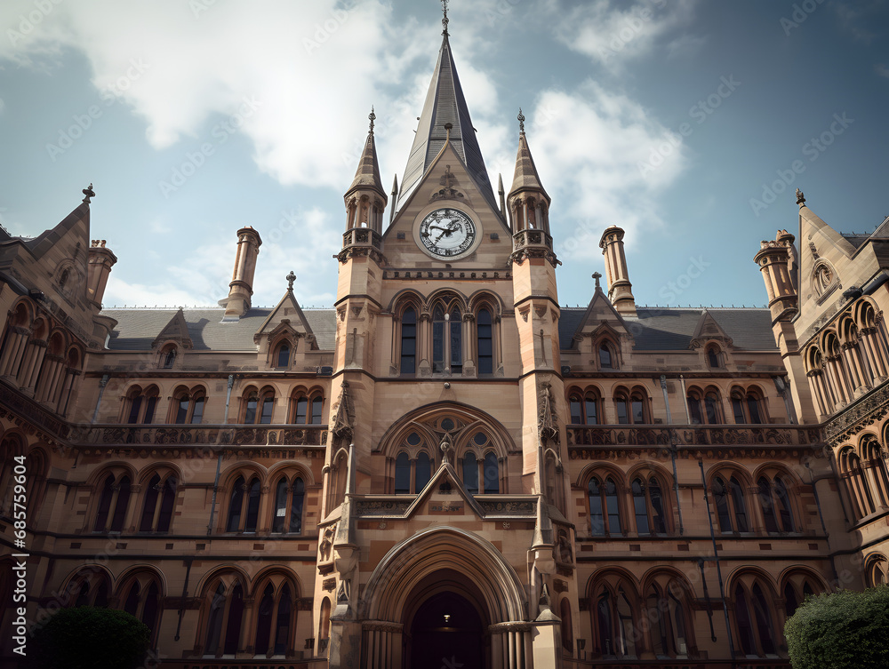 Intricate gothic architecture of a historic university building with spires and arches.