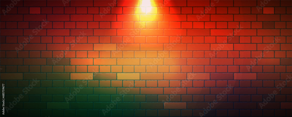 The red brick wall horizontal format background template has a bright lamp light in the center. Vector illustration EPS10. The red brick wall horizontal format background template has a bright lamp light in the center. Vector illustration EPS10.