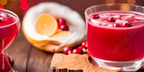 Cranberry Apple Ginger Holiday Punch Juice on the wooden table with bokeh lights background with copy space © Naksh