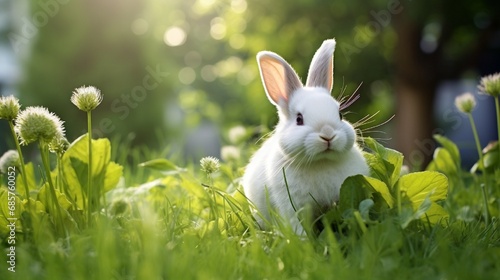 A curious white rabbit nibbling on fresh green grass in a backyard garden.