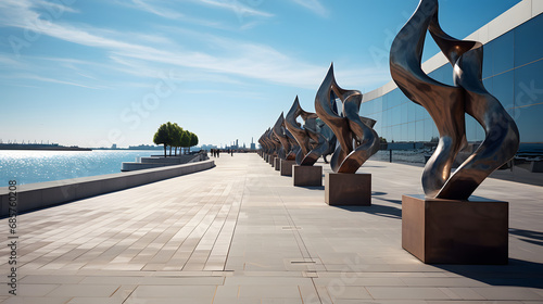 Modern waterfront promenade with artistic sculptures and skyline views in the background.