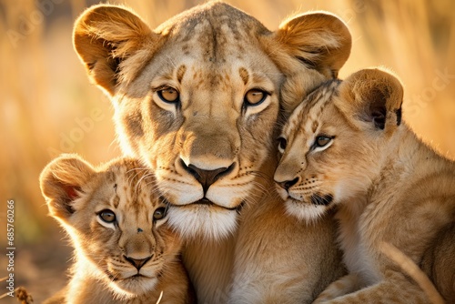 Majestic Lioness her cubs sunset. Baby cat. Generate Ai