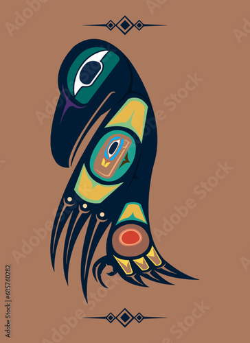 Indian totem, Raven, bird, pattern, emblem, vector graphics, illustration, American Indian, Raven means cunning.
