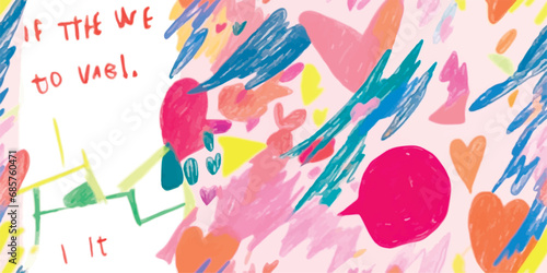 Colorful hand drawing pink blue heart flowers and text in the style of risograph native art, abstract psychedelic art, a pencil drawing, vector seamless pattern