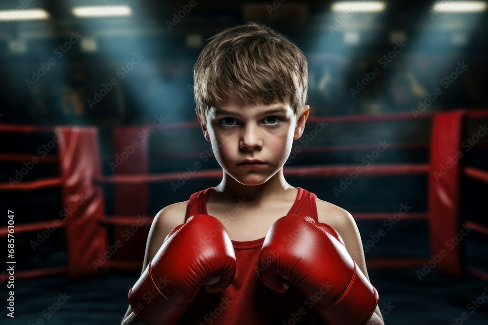 Athletic Little boy boxing ring. Art fitness punch. Generate Ai